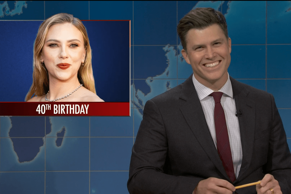 Colin Jost Tells Scarlett Johansson Jokes on Weekend Replace As She Watches Backstage